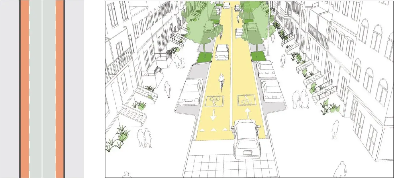 Graphic image of narrowed street lanes, street calming