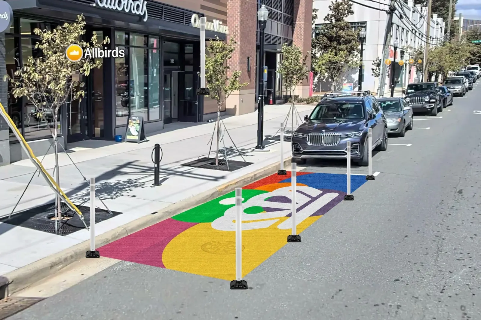 Placemaking bicycle corral with painted asphalt